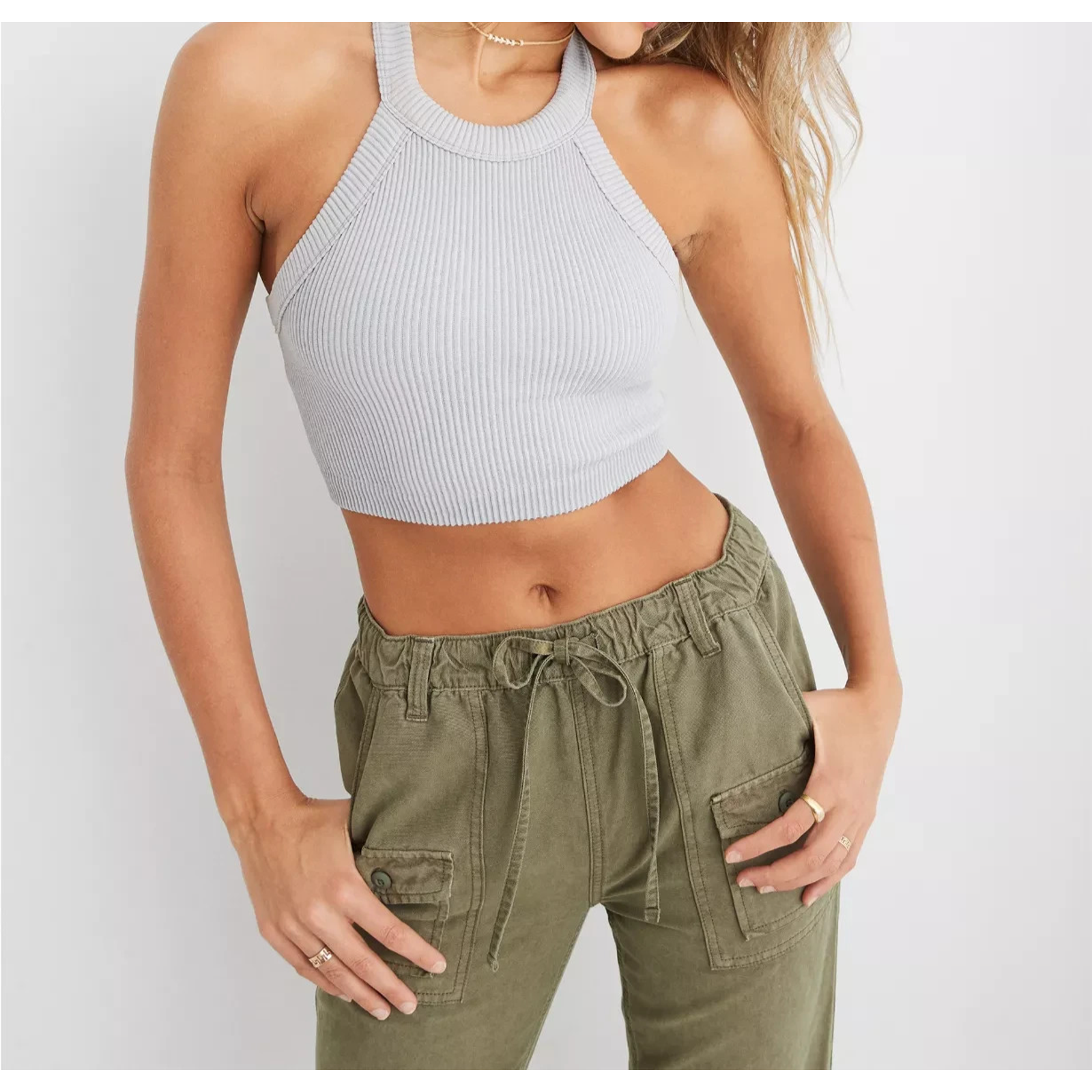 Aerie Preppy Y2k Superchill Seamless High Neck Bra Top White S/P A005612